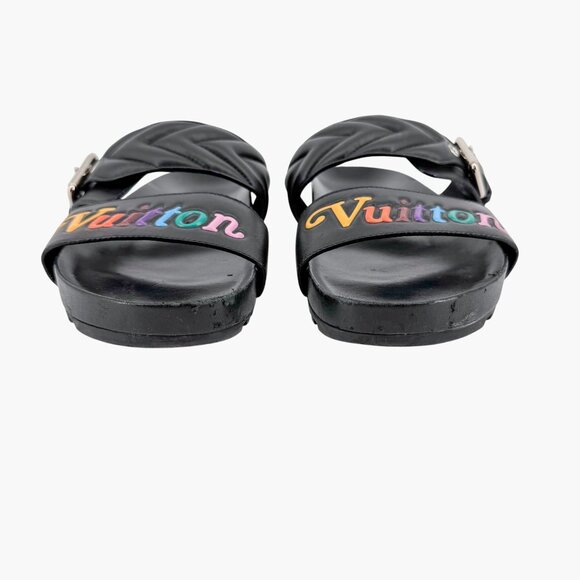Louis Vuitton New Wave Bom Dia Slide Sandal Size 38 US 8 Black Rainbow Logo Mule - Picture 6 of 15